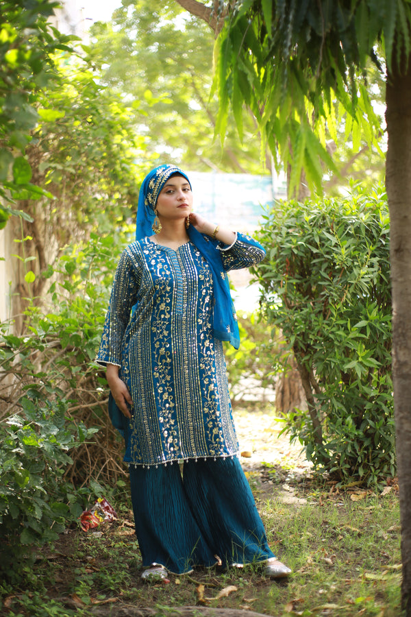 Royal Blue Embroidered Dress with Gold Sequin Work and Dupatta