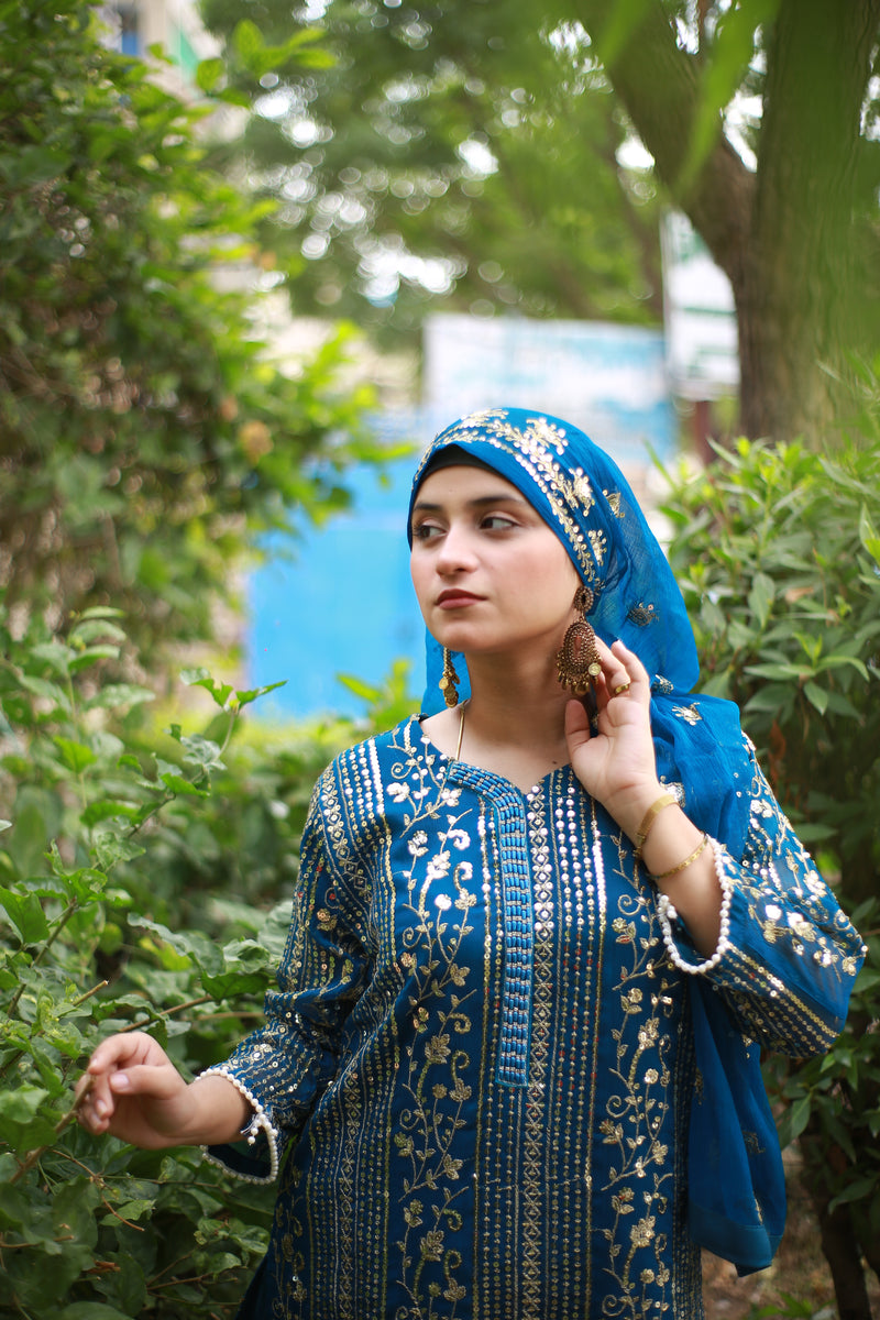 Royal Blue Embroidered Dress with Gold Sequin Work and Dupatta