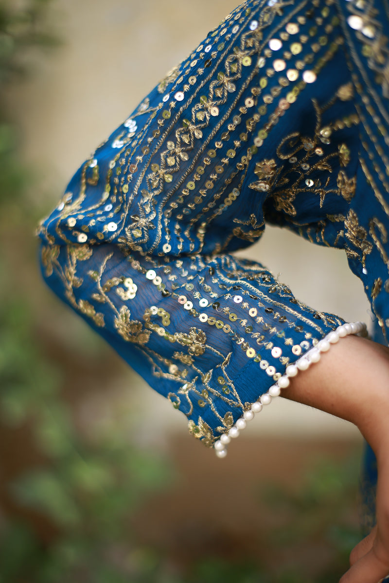 Royal Blue Embroidered Dress with Gold Sequin Work and Dupatta