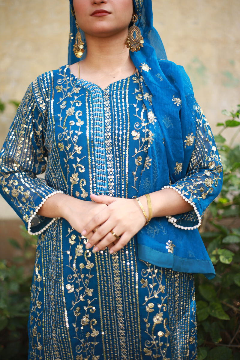 Royal Blue Embroidered Dress with Gold Sequin Work and Dupatta